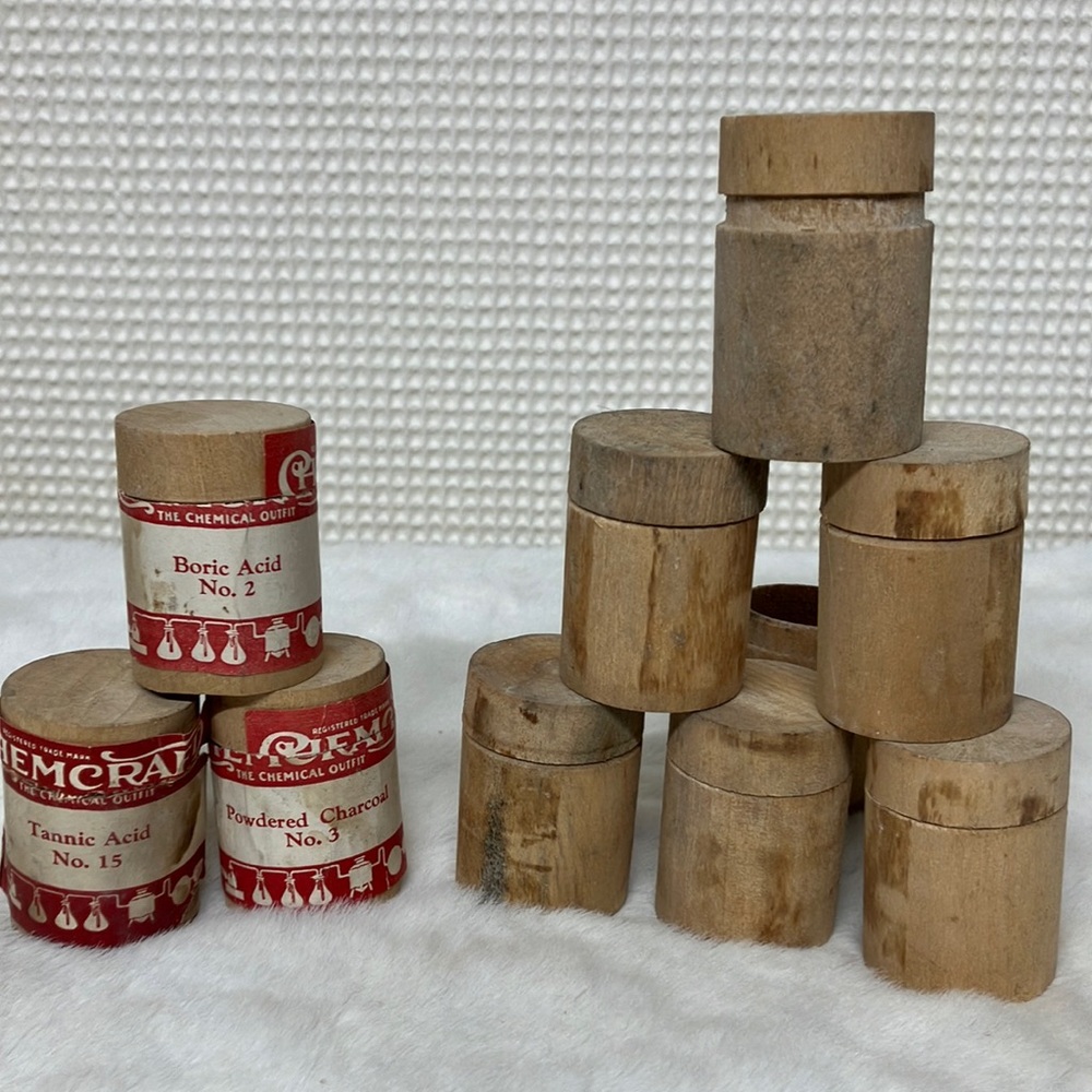 Vintage turned wood chemistry lab boxes